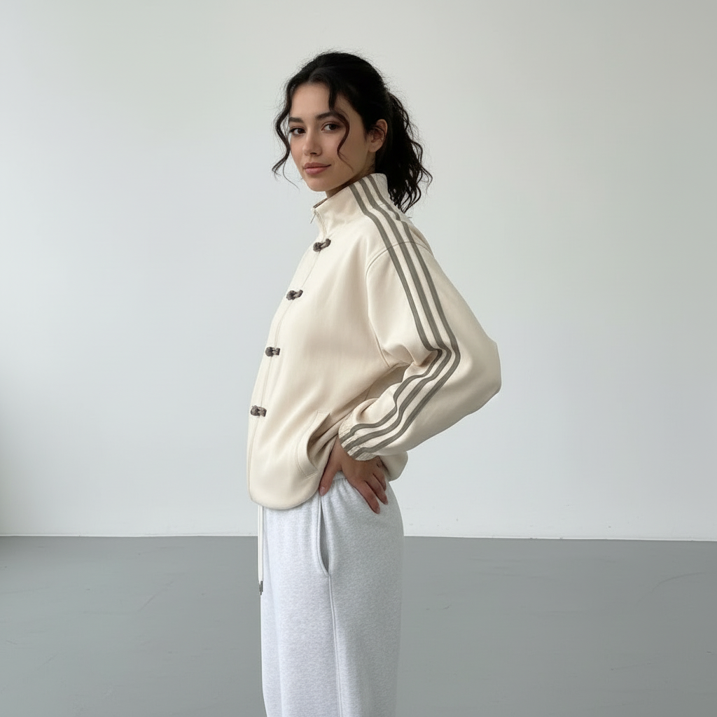 Veste de survêtement femme rétro rayures contrastantes boutons décoratifs coupe relaxed