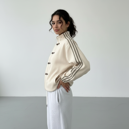 Veste de survêtement femme rétro rayures contrastantes boutons décoratifs coupe relaxed