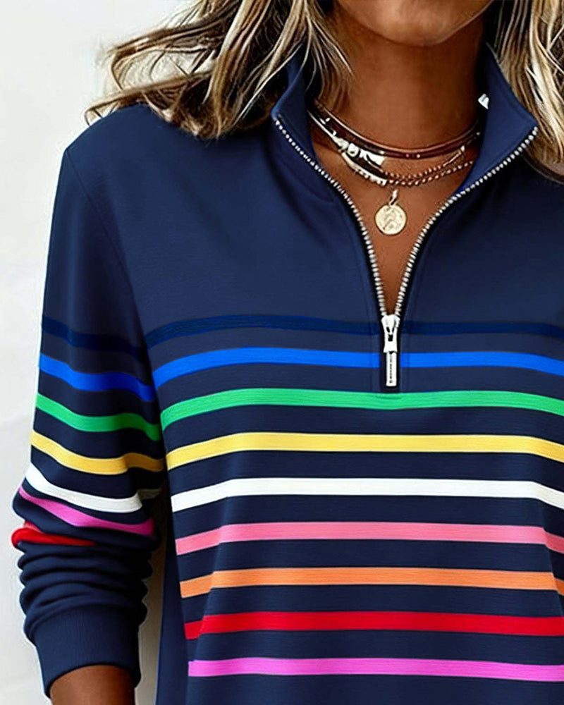 Pull-over rayé | Fermeture éclair quart | Confort doux