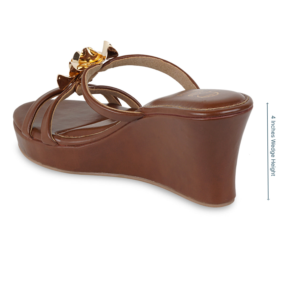 Sandales compensées femme | Tan, lanière fleur or | Confort été