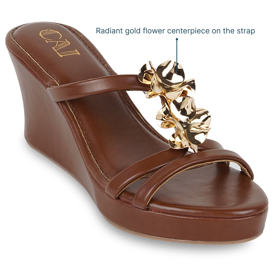 Sandales compensées femme | Tan, lanière fleur or | Confort été