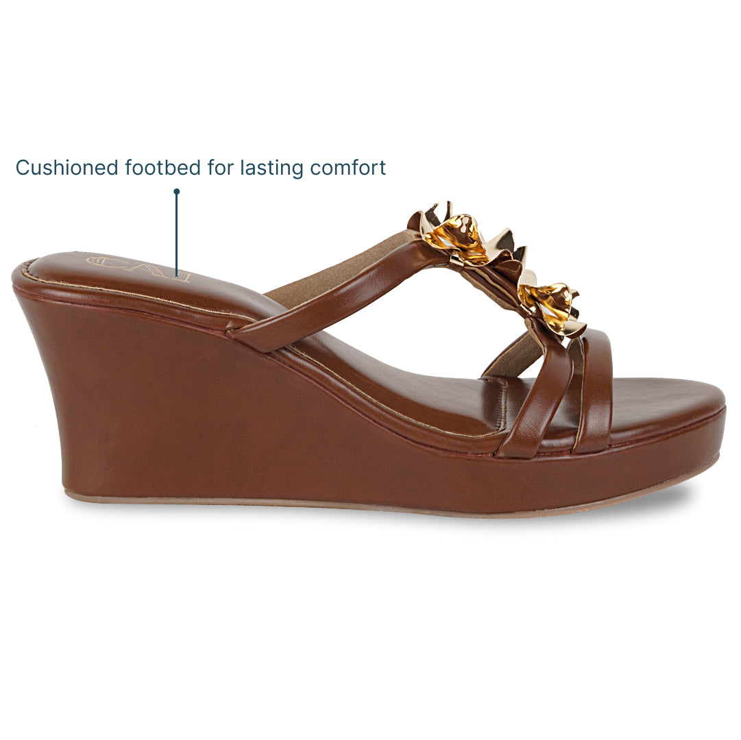 Sandales compensées femme | Tan, lanière fleur or | Confort été
