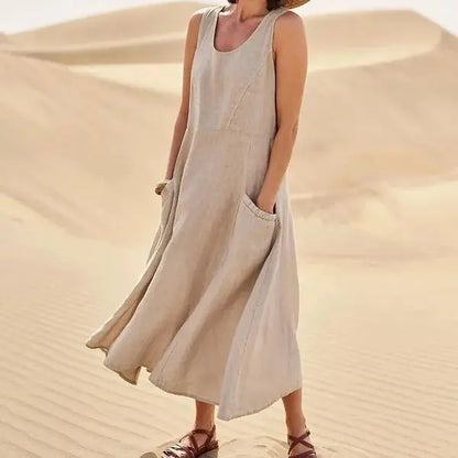 Robe en lin femme longue décontractée élégante avec poches