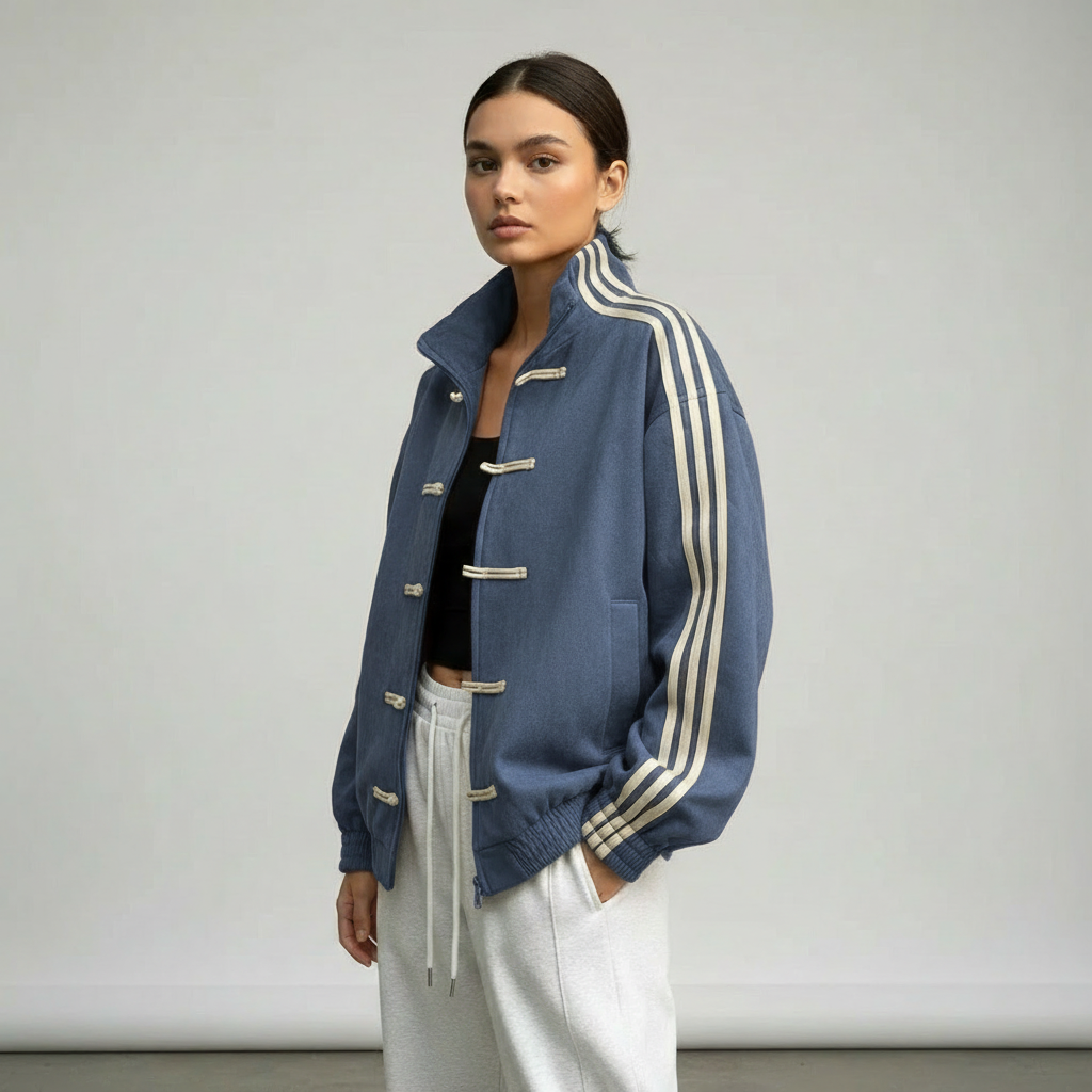 Veste de survêtement femme rétro rayures contrastantes boutons décoratifs coupe relaxed