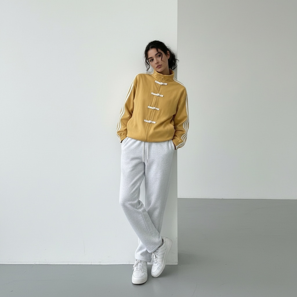 Veste de survêtement femme rétro rayures contrastantes boutons décoratifs coupe relaxed