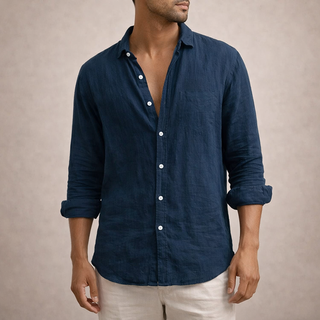 Chemise lin homme | Coupe régulière, col ouvert | Manches longues