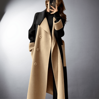 Manteau femme bicolore coupe droite longueur mi-cuisse pour l'hiver