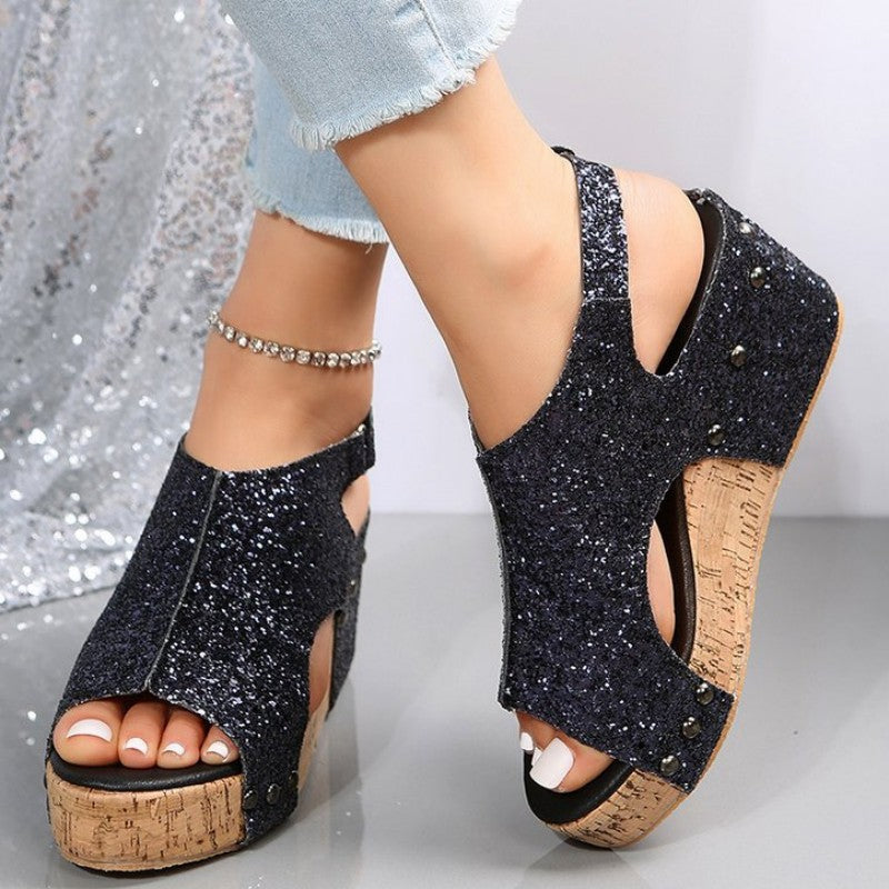 Sandales pour femmes bout ouvert patchwork paillettes confort casual