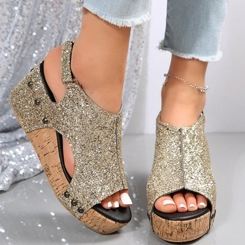 Sandales pour femmes bout ouvert patchwork paillettes confort casual