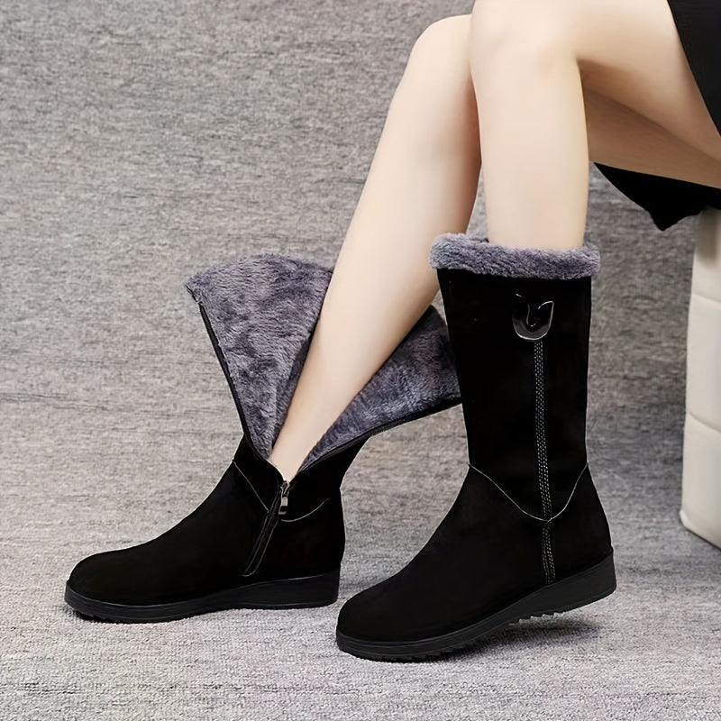 Bottes mi-mollet femme plates avec revers fourrure et zip latéral