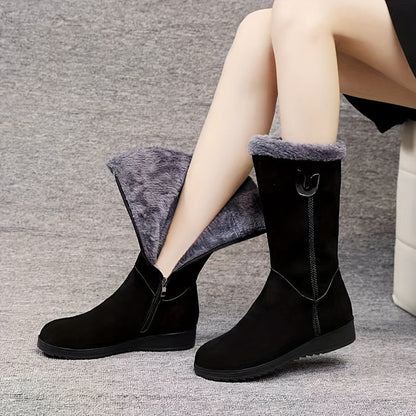 Bottes mi-mollet femme plates avec revers fourrure et zip latéral