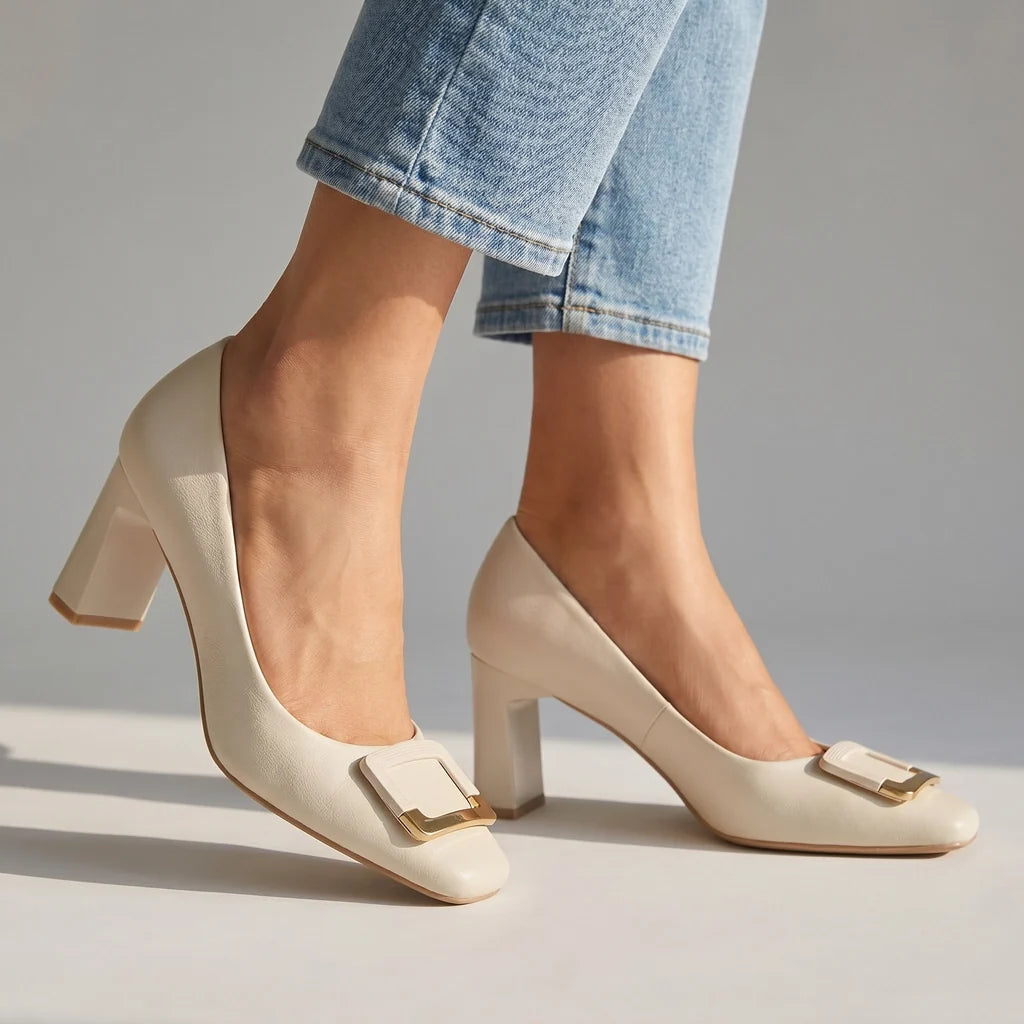 Escarpins slingback talon bloc femme bout carré avec boucle décorative