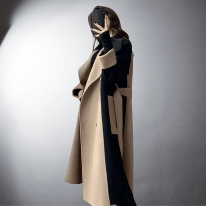 Manteau femme bicolore coupe droite longueur mi-cuisse pour l'hiver