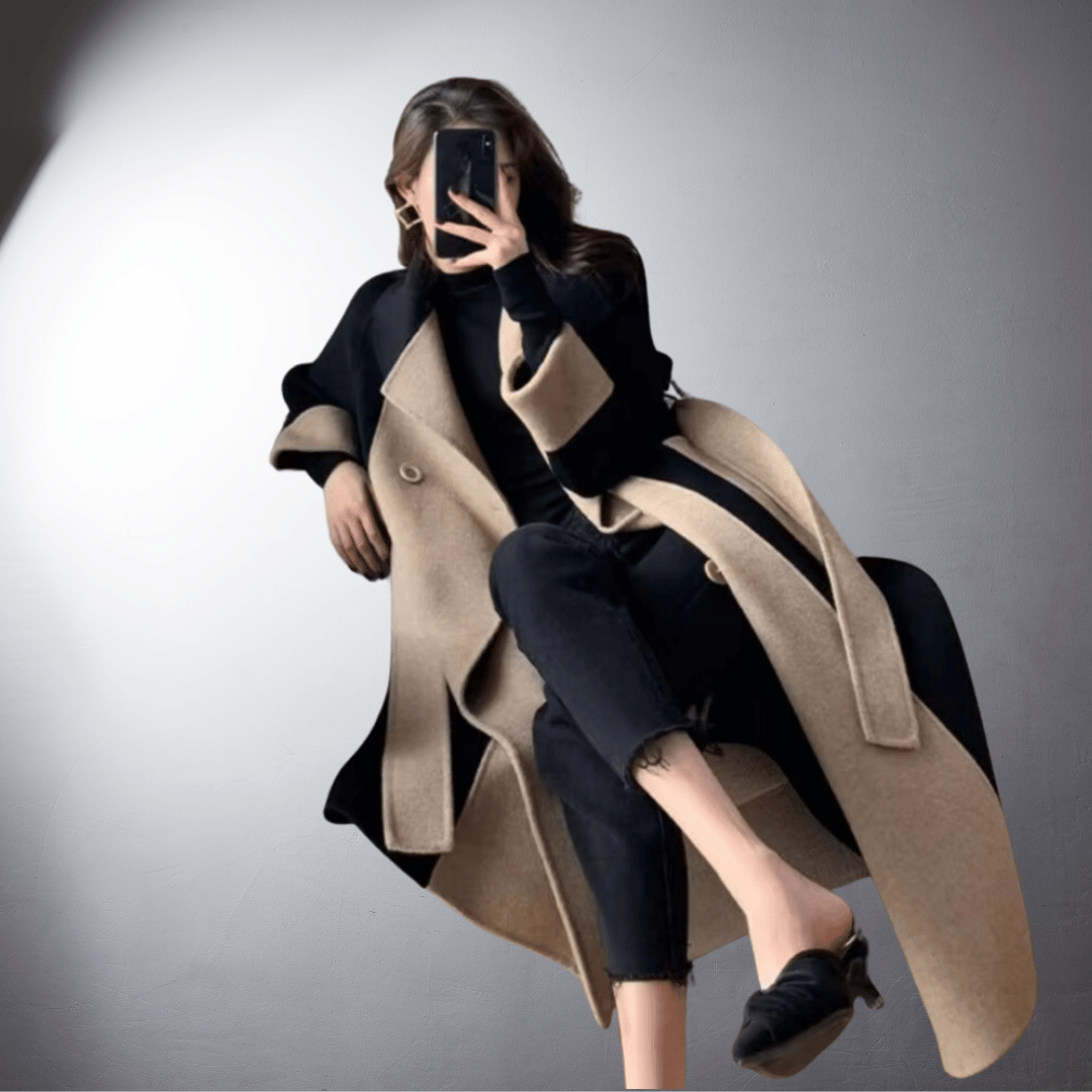 Manteau femme bicolore coupe droite longueur mi-cuisse pour l'hiver