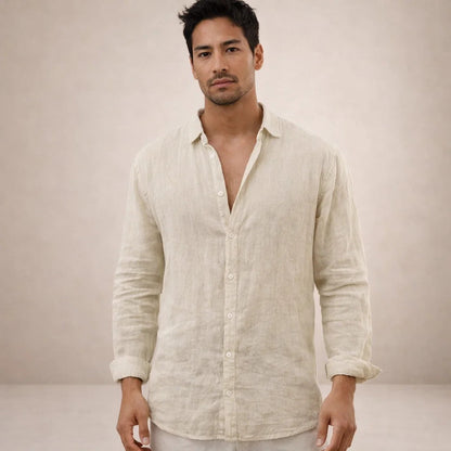Chemise lin homme | Coupe régulière, col ouvert | Manches longues