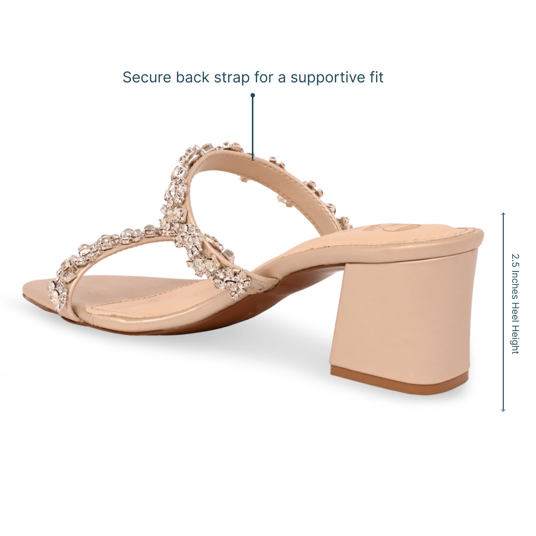 Sandales Femme Talon Bloc | Doré Orné de Cristaux