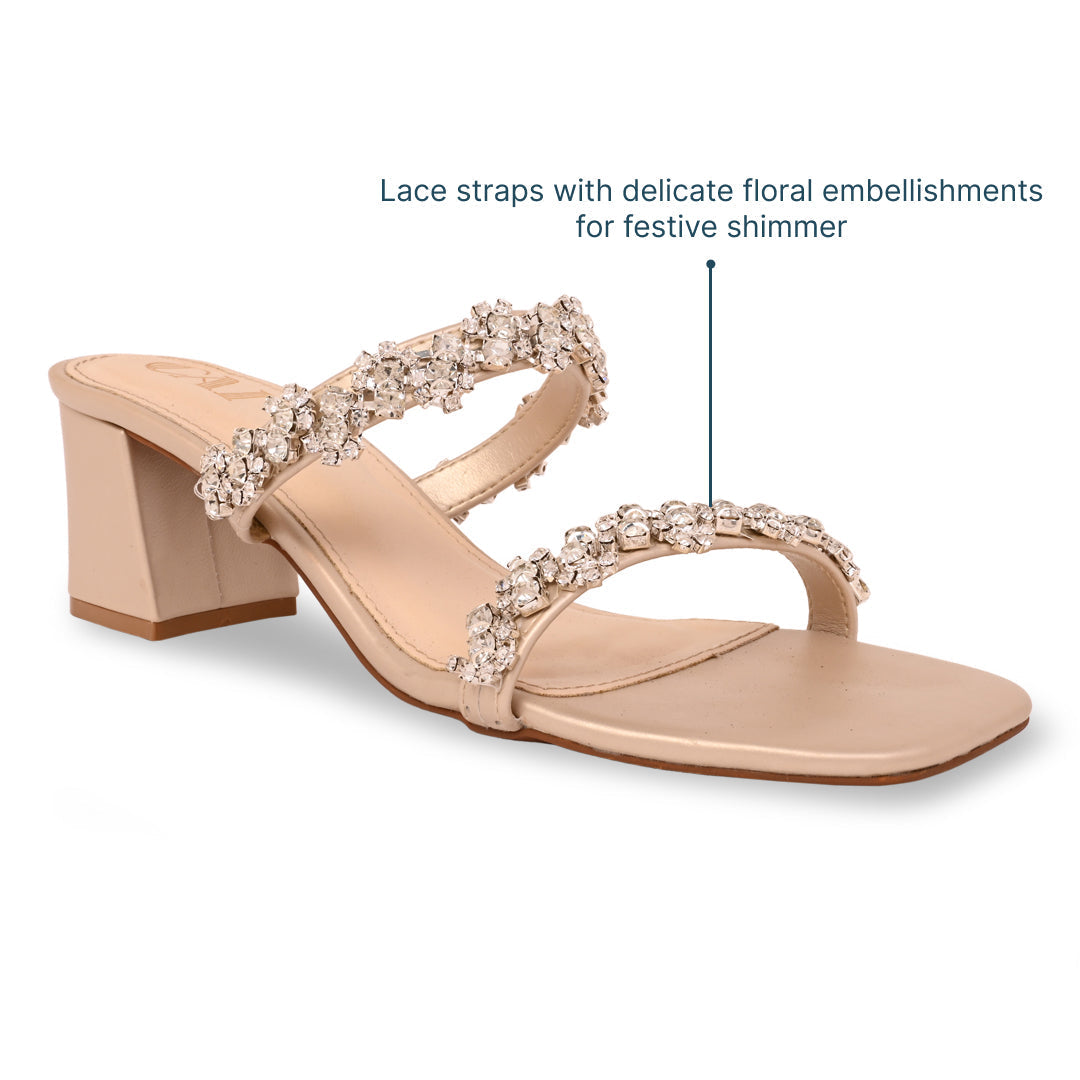 Sandales Femme Talon Bloc | Doré Orné de Cristaux