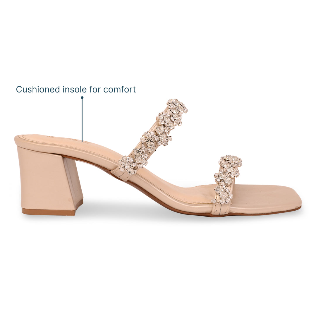 Sandales Femme Talon Bloc | Doré Orné de Cristaux
