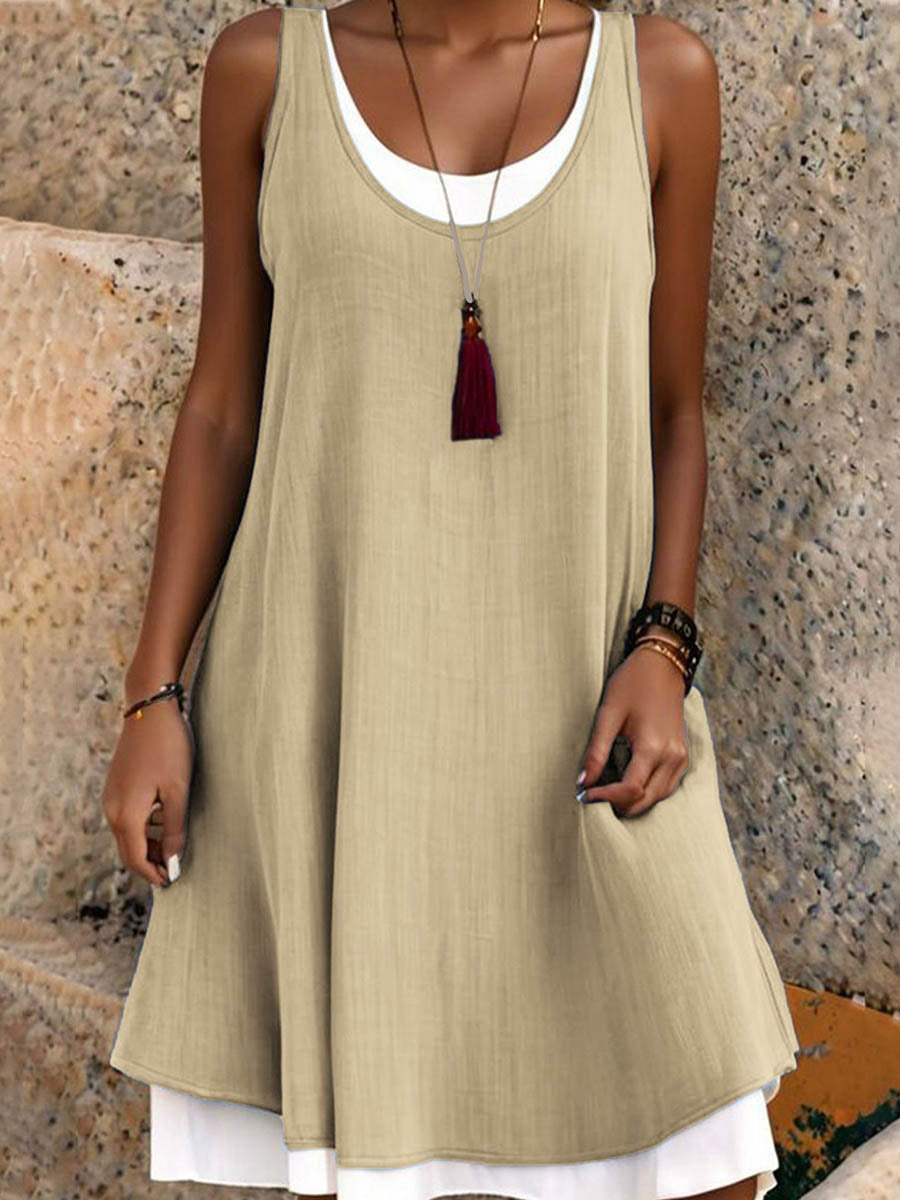 Robe midi pour femmes | Coupe A, sans manches | Encolure U, robe ample en polyester
