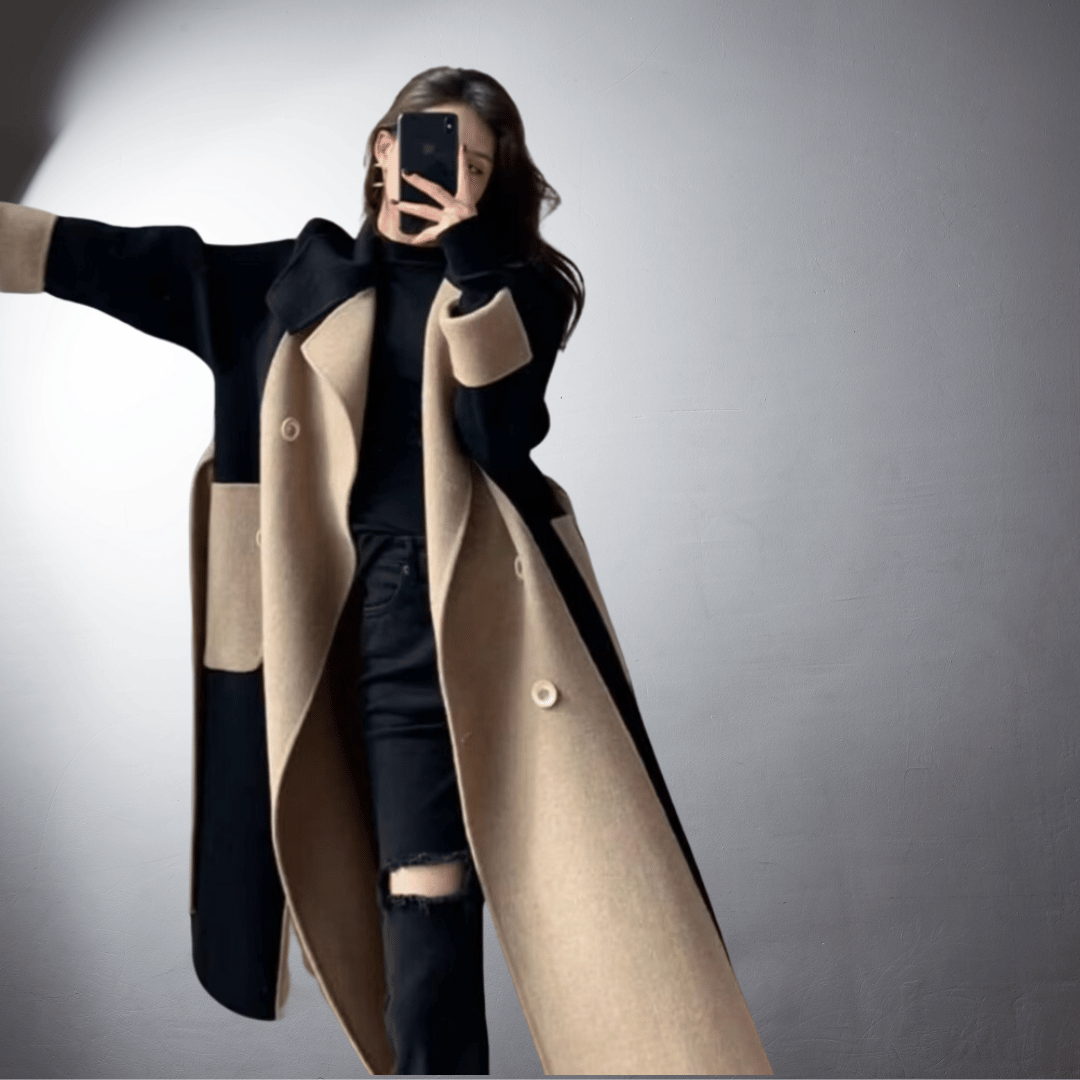Manteau femme bicolore coupe droite longueur mi-cuisse pour l'hiver
