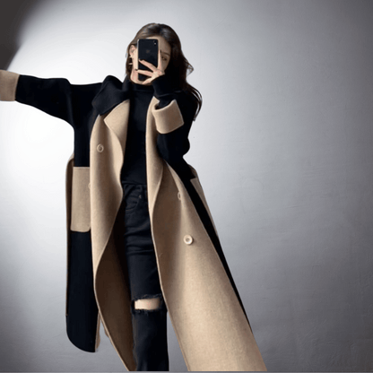 Manteau femme bicolore coupe droite longueur mi-cuisse pour l'hiver