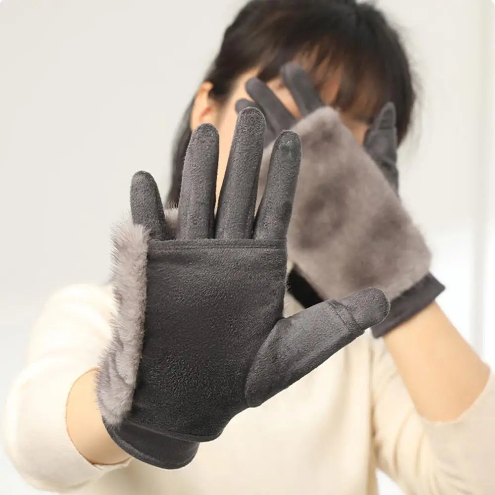 Gants suède femme tactiles avec bordure fourrure pour l'hiver