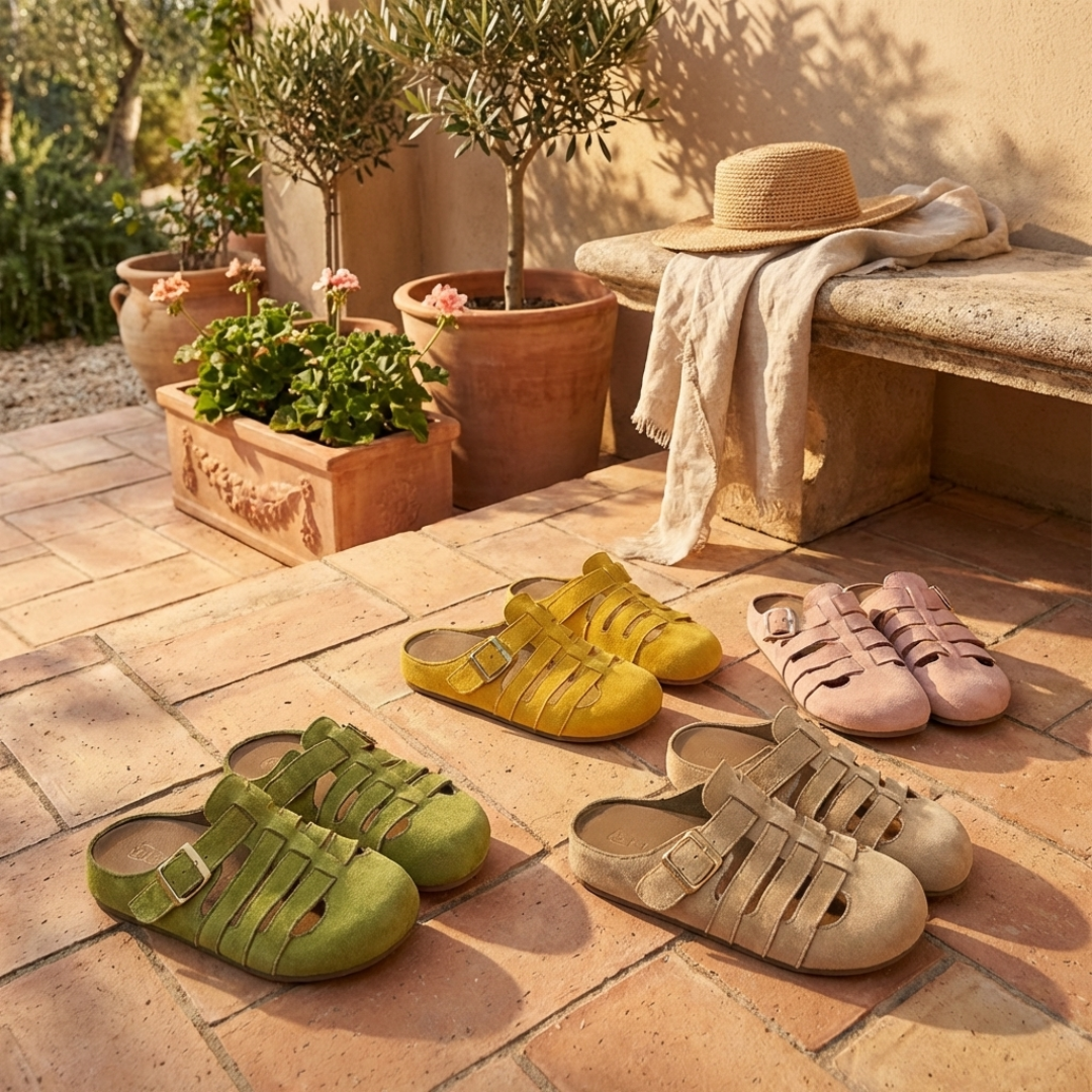 Women slip-on mule sandals with adjustable buckle and cushioned footbed support