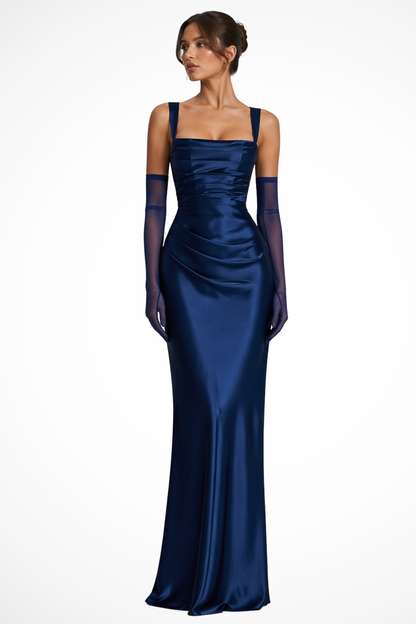 Femmes Robe Maxi Satiné Encolure Carrée Plissée