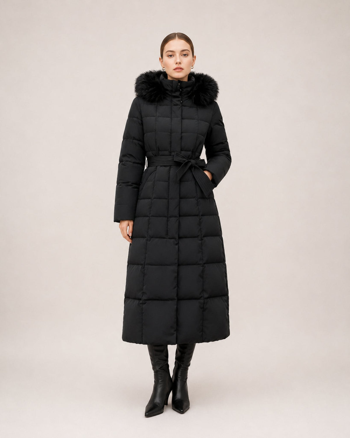 Doudoune longue femme capuche fourrure avec ceinture matelassée mi-mollet