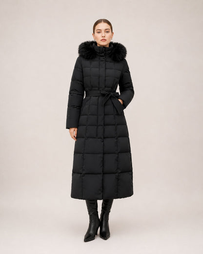 Doudoune longue femme capuche fourrure avec ceinture matelassée mi-mollet
