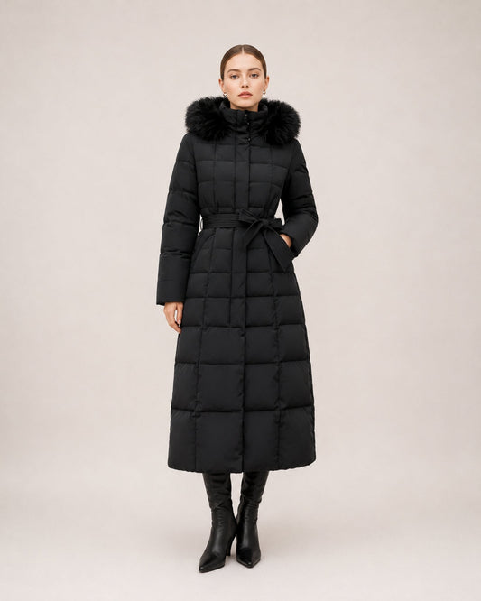 Doudoune longue femme capuche fourrure avec ceinture matelassée mi-mollet