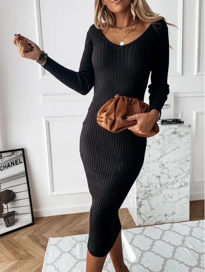 Robe pull femme midi col V manches longues en maille douce