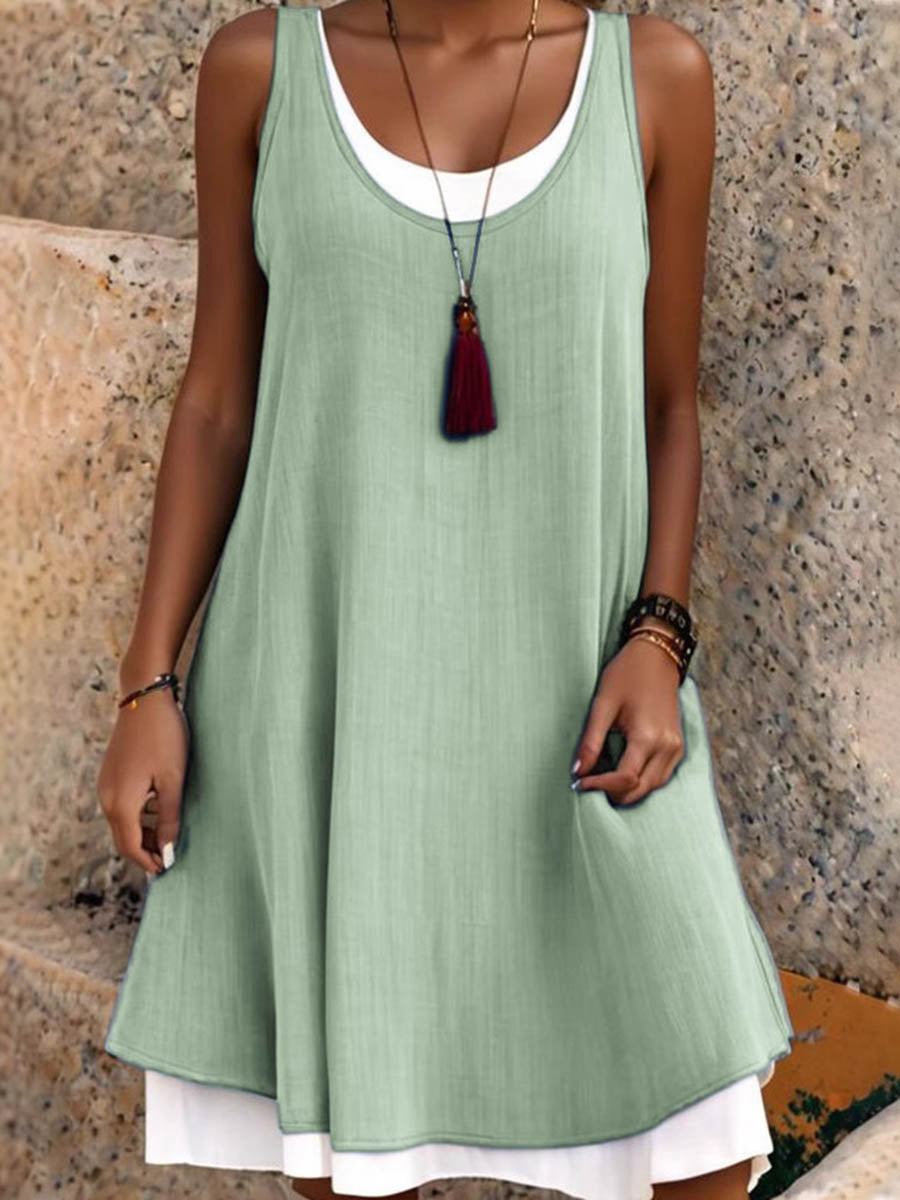 Robe midi pour femmes | Coupe A, sans manches | Encolure U, robe ample en polyester