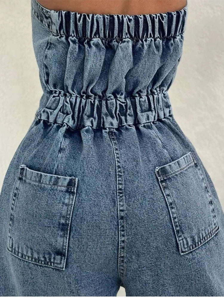 Combinaison en denim | Ensemble avec veste assortie, fermeture éclair