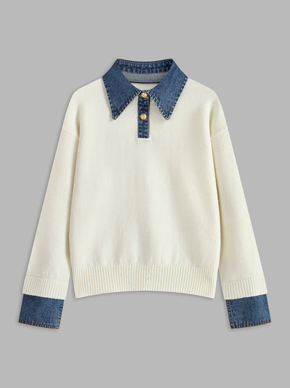Sweater femme tricot 2 en 1 col revers boutonnée coupe droite
