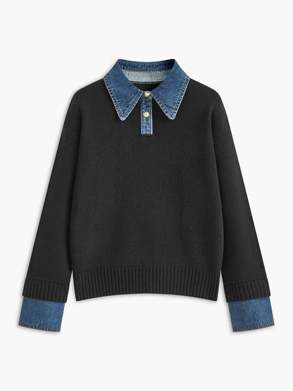 Sweater femme tricot 2 en 1 col revers boutonnée coupe droite