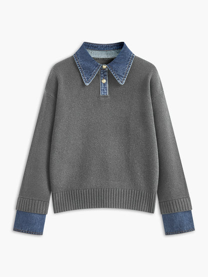 Sweater femme tricot 2 en 1 col revers boutonnée coupe droite