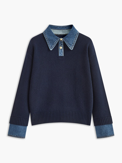Sweater femme tricot 2 en 1 col revers boutonnée coupe droite