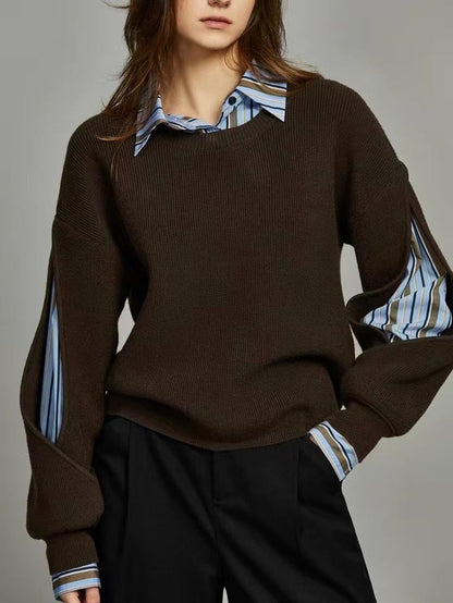 Pull côtelé femme colorblock avec découpe cutout, coupe droite casual élégant