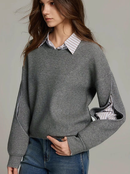 Pull côtelé femme colorblock avec découpe cutout, coupe droite casual élégant