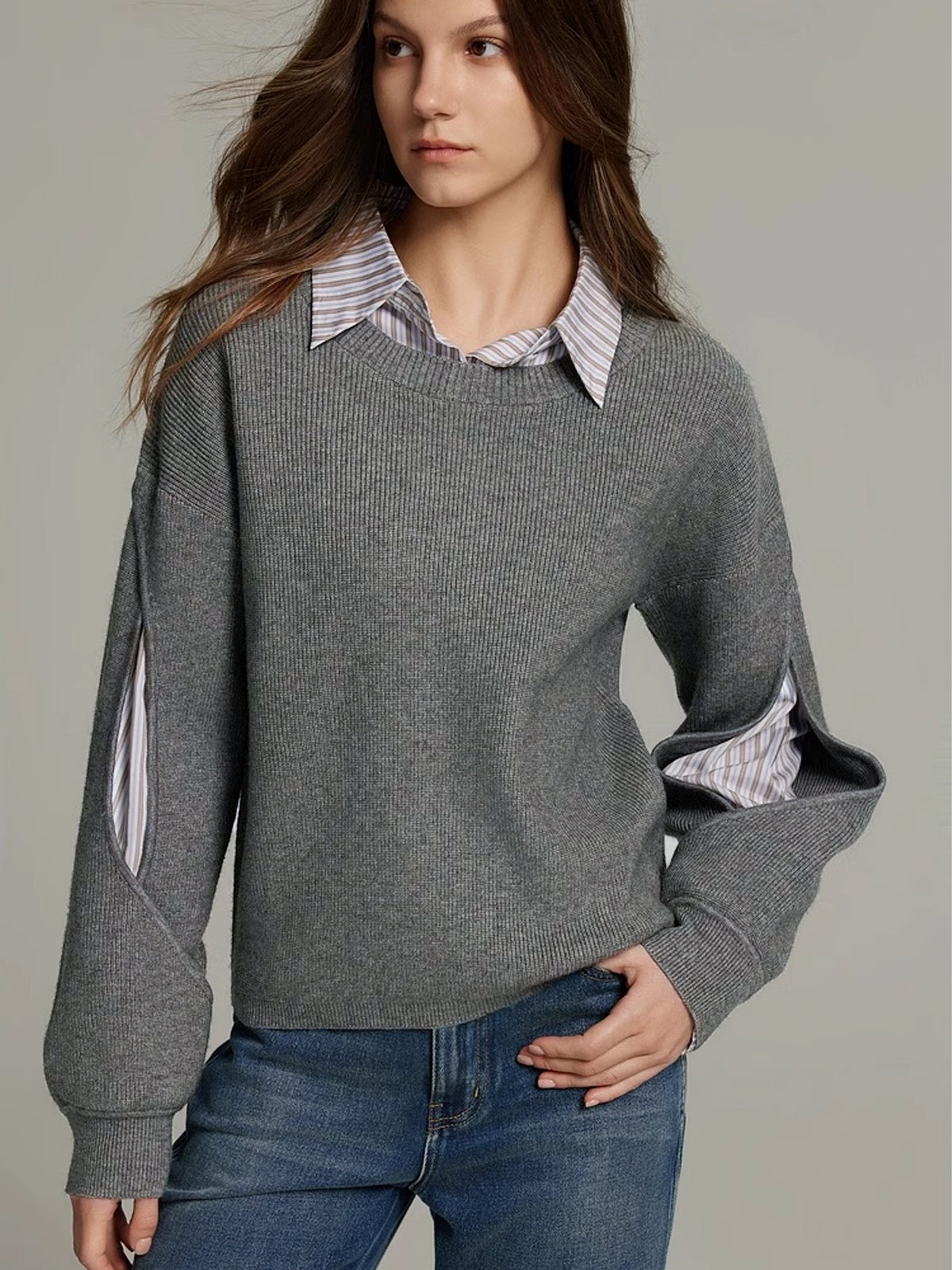 Pull côtelé femme colorblock avec découpe cutout, coupe droite casual élégant