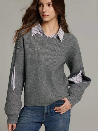 Pull côtelé femme colorblock avec découpe cutout, coupe droite casual élégant