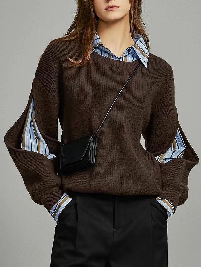 Pull côtelé femme colorblock avec découpe cutout, coupe droite casual élégant