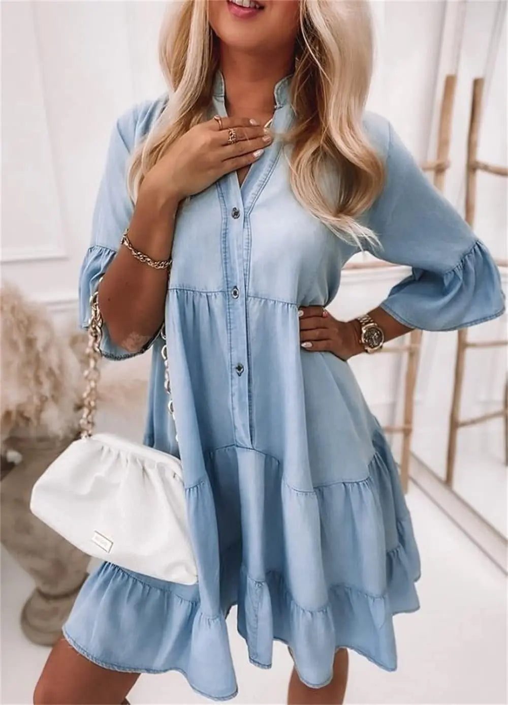 Robe en jean pour femme | Robe ample à volants | Col chemise