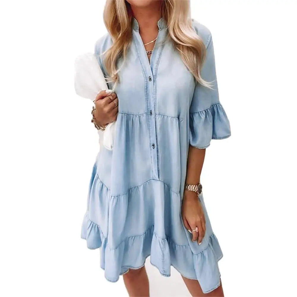 Robe en jean pour femme | Robe ample à volants | Col chemise