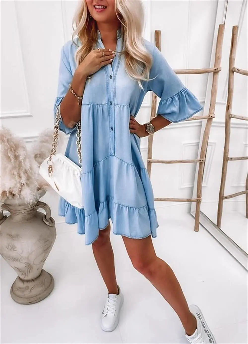 Robe en jean pour femme | Robe ample à volants | Col chemise