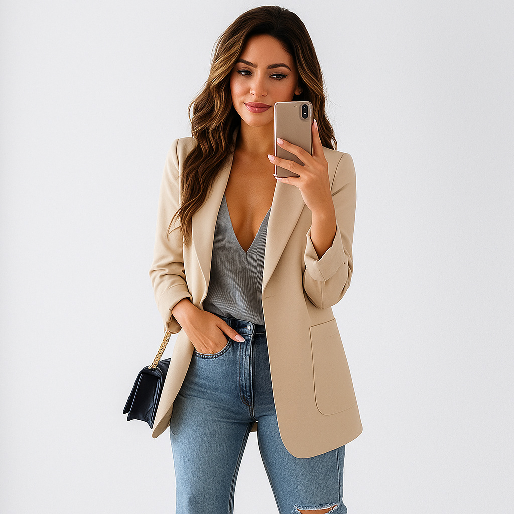 Blazer Long Femme - Coupe Ajustée - Col Notch - Devant Ouvert