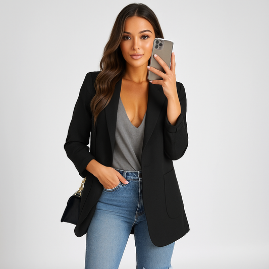 Blazer Long Femme - Coupe Ajustée - Col Notch - Devant Ouvert