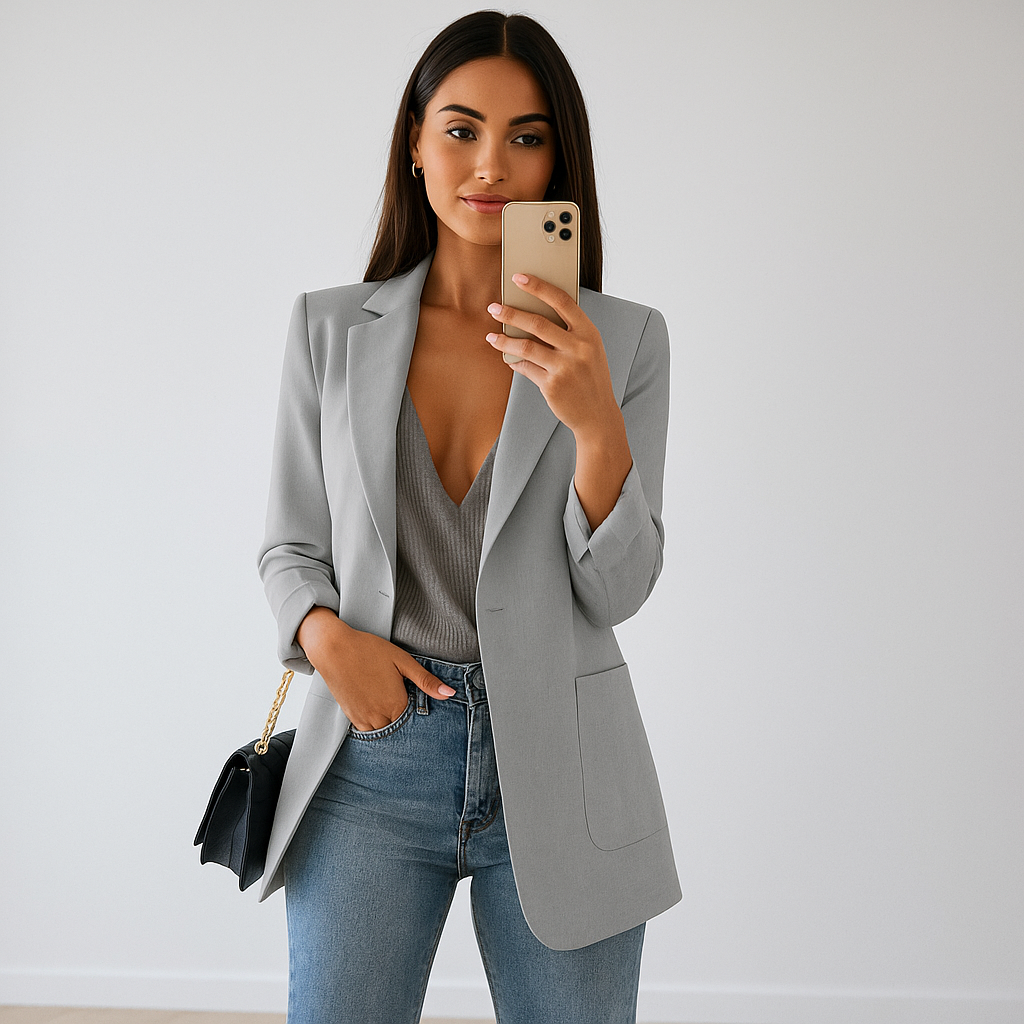 Blazer Long Femme - Coupe Ajustée - Col Notch - Devant Ouvert