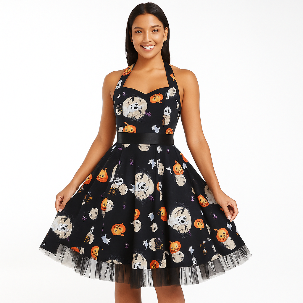 Midi-Kleid Halloween - Cartoon-Print - Einzigartiger Stil